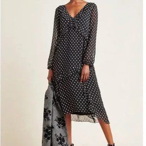 NWT Anthropologie Maeve Black White Polka Dot Midi Dress Long Sleeve Ruffle M